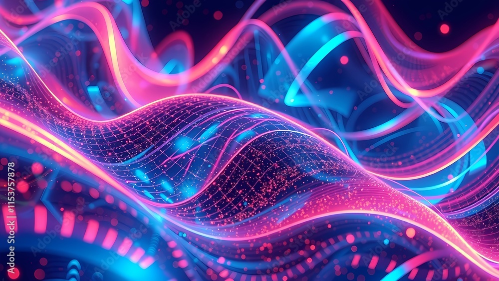 Poster dynamic blue fractal waves of glowing lines create a futuristic digital art pattern