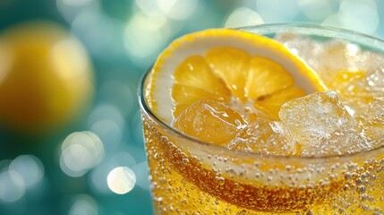 A close-up of a refreshing lemon drink with ice and bubbles, set against a blurred background.