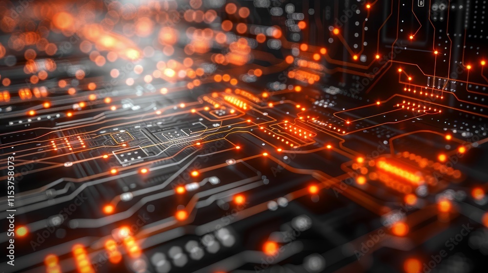 Poster close-up of illuminated circuit board, showcasing intricate pathways and glowing connections.
