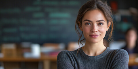 Inspiring young woman portrait classroom photography educational environment close-up empowerment and confidence