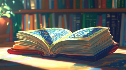 Fototapeta premium Colorful Open Book on a Table in Library Setting