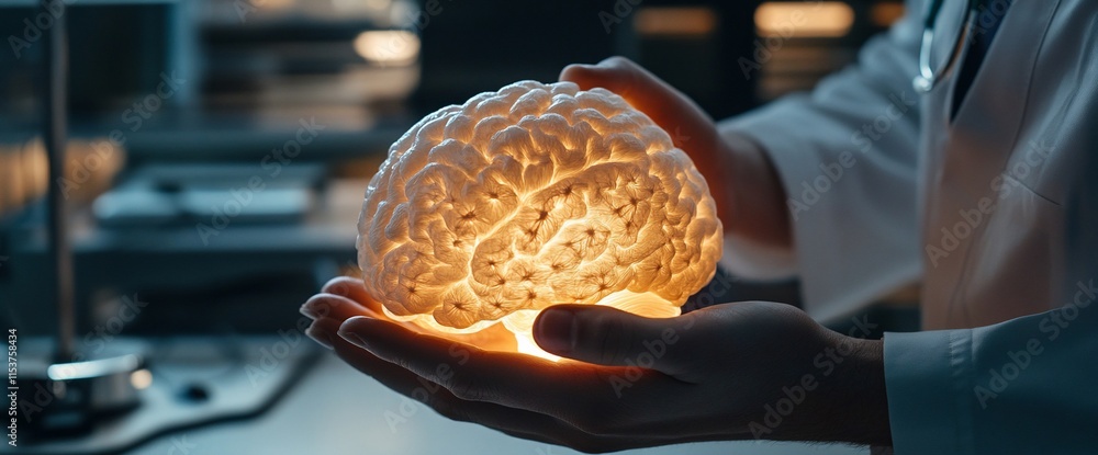 Poster a person holds a glowing model of a brain in a laboratory setting.