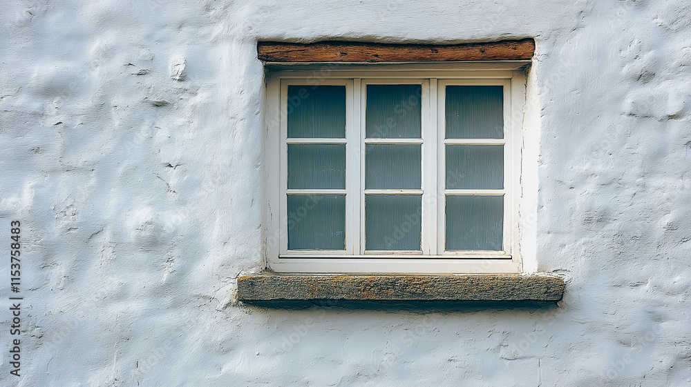 Poster a window with three panes of glass and a wooden frame. the window is open and the curtains are drawn