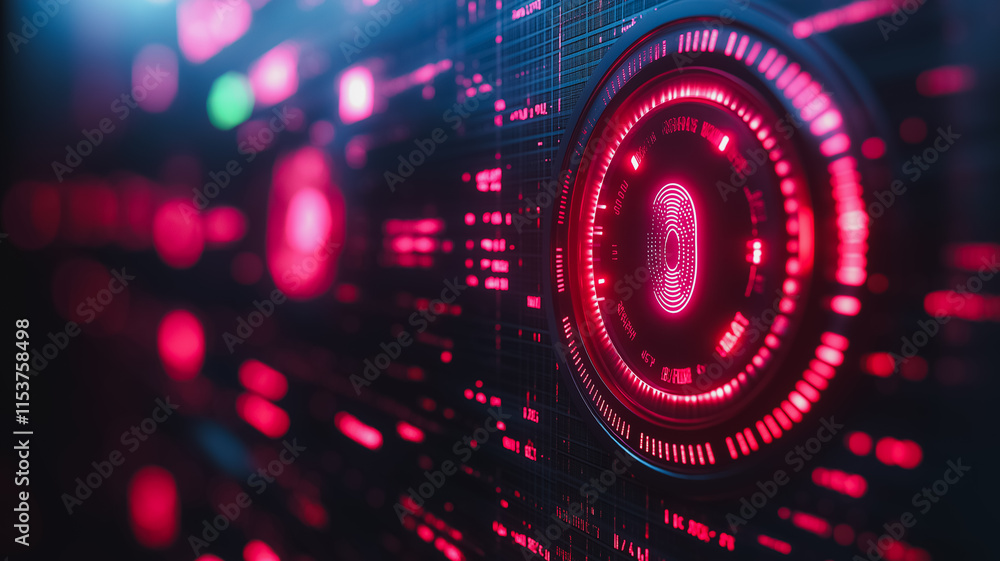 Poster a red glowing circle with a fingerprint on it. the image is of a computer screen with a red backgrou
