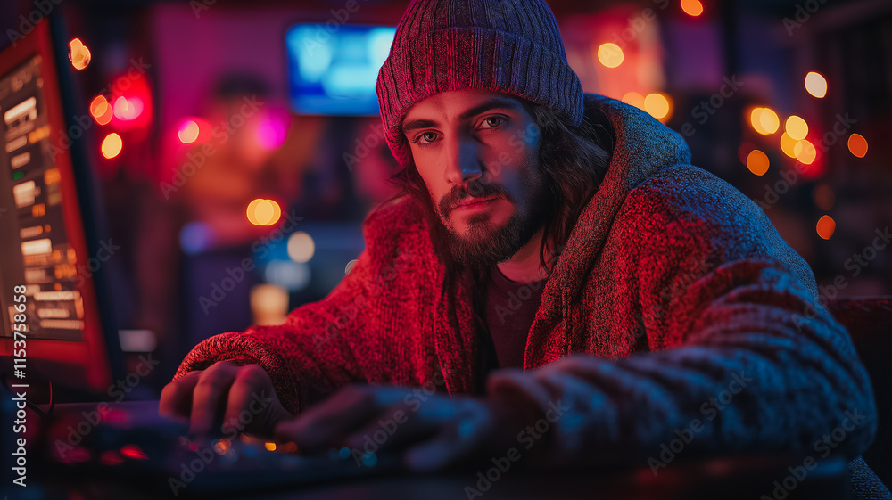 Poster a man wearing a hat and a red sweater is sitting in front of a computer. he is typing on the keyboar