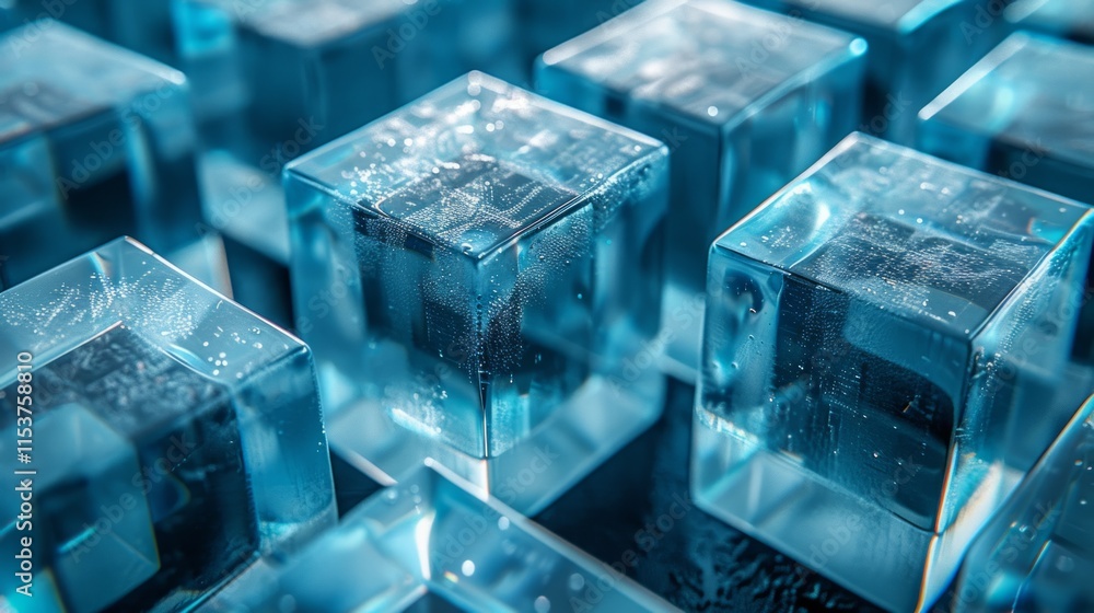 Poster close-up of numerous translucent blue glass cubes arranged in a grid pattern.