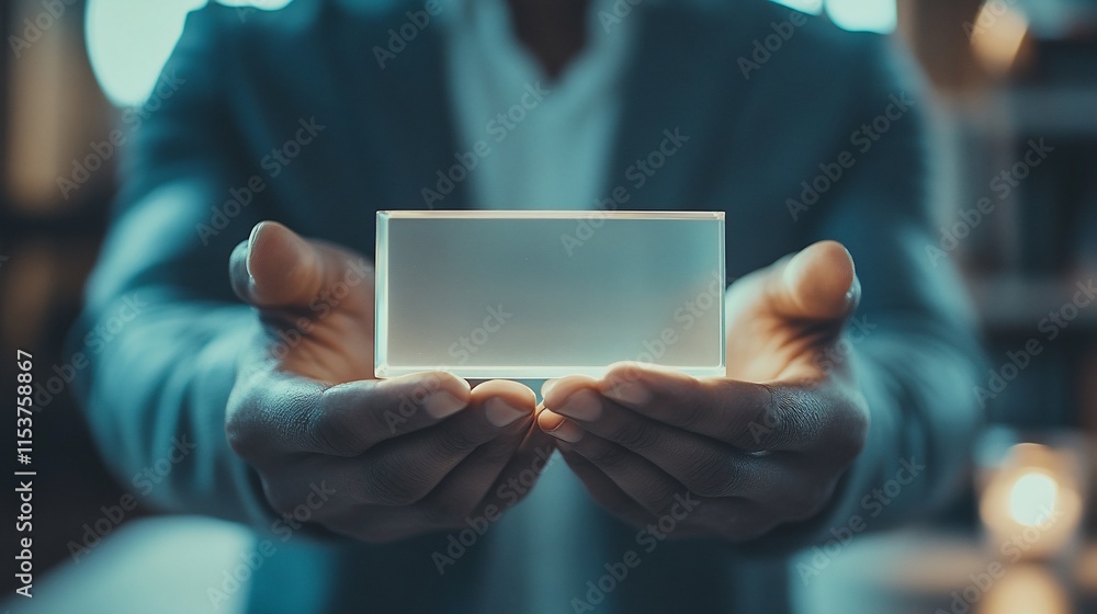 Poster a person holds a glowing, transparent rectangular object in a dimly lit environment.