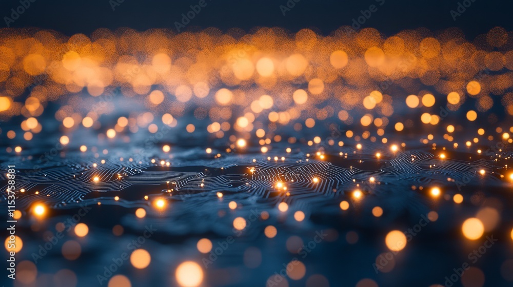 Poster abstract circuit board design with intricate lines and glowing elements on dark background