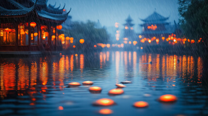 A city with a river running through it and a lot of lights. The lights are lit up and the water is reflecting them