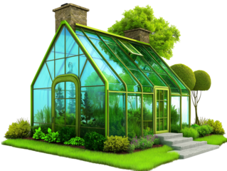 Modern glass greenhouse with plants inside, isolated on a transparent background. showcasing architectural beauty and farming utility isolated on transparent white background.	
