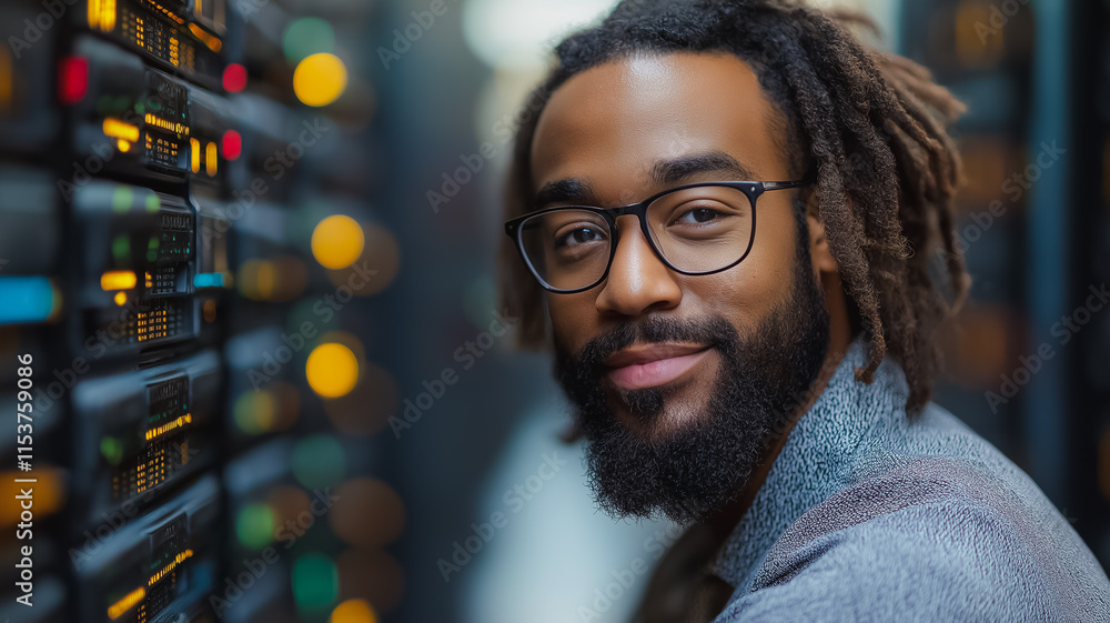 Poster a man with glasses and a beard is smiling at the camera. he is standing in front of a row of compute