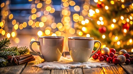 Christmas 2 coffee cups closeup Christmas lights