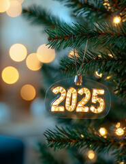 New Year 2025 hashtag (#) on a Christmas tree