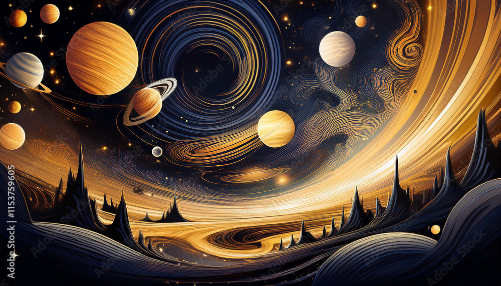 Wall mural fragment of an interstellar nebula in gold. clouds of cosmic gas with stars. astronomical image of t