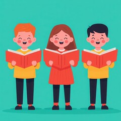Three cheerful children reading books together, showcasing joy and enthusiasm for learning in a vibrant and playful setting.