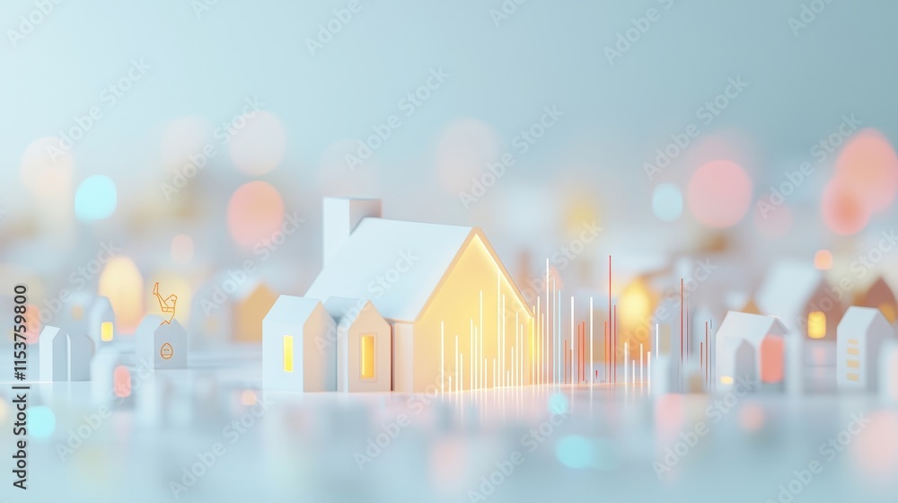 Poster modern minimalistic representation of a tranquil neighborhood with soft colors and soundwave visual 