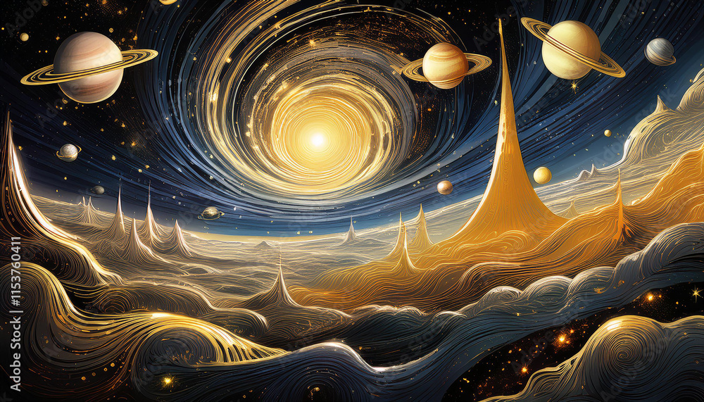 Wall mural fragment of an interstellar nebula in gold. clouds of cosmic gas with stars. astronomical image of t
