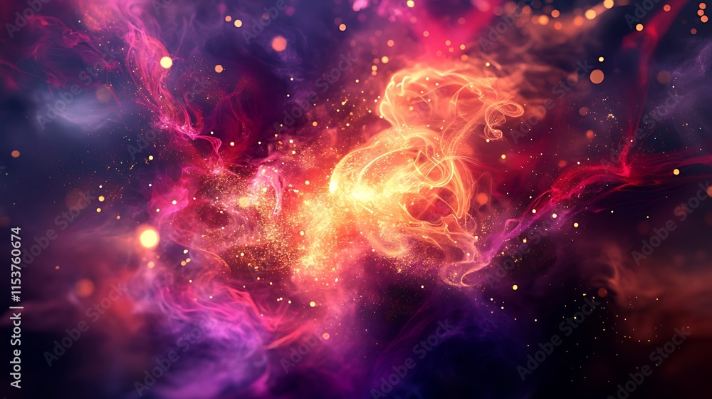 Poster explosive sequence with golden sparks bursting outward followed by deep red purple smoke plumes and 