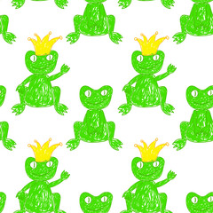 Fun seamless pattern showcasing green frogs, some wearing crowns, in a playful hand-drawn style. Perfect for kids projects, fairytale themes, and whimsical designs.