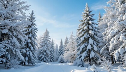 Naklejka premium Snow Covered Pine Trees In A Winter Forest Scene
