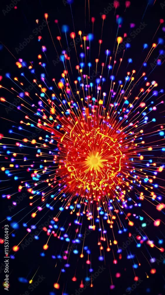 Poster bright explosion of multicolored glowing dots resembling fireworks on a dark background