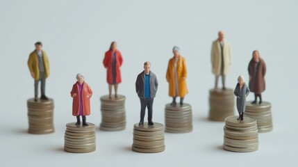 Miniature standing on a pile of coins concept of economic growth power, with white background active blur effect adds a minimalist touch