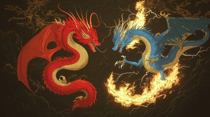 Naklejka premium Fiery Dragon Showdown Mythical Red Blue Dragons Battle