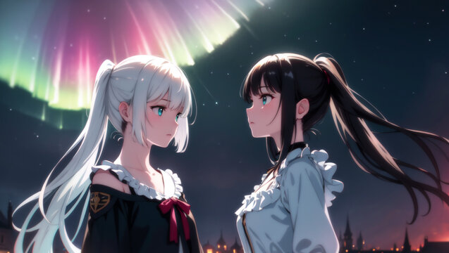 Girls face to face under beautiful auroa night sky