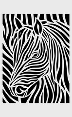 A stylized black-and-white line art of a zebra's face with flowing stripes