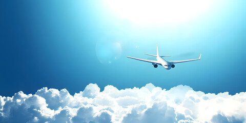 White plane in the blue sky rises flying above the clouds. Vector background template