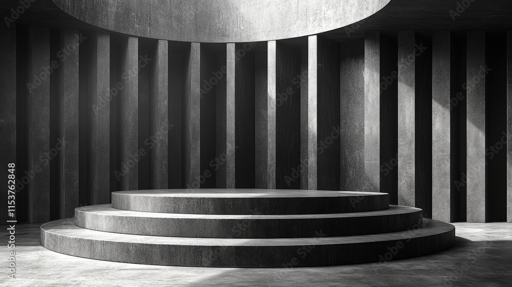 Poster abstract grayscale image of a three-tiered circular platform in a modern, minimalist concrete room w