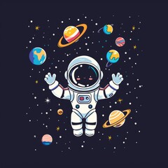 Naklejka premium Smiling Cartoon Robot Astronaut Floating in Space with Planets and Stars