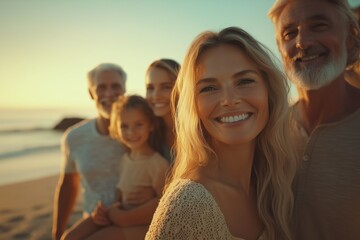 Capture the joy of a multi-generational family relaxing on the beach, smiling faces of old and young, teens to blonde adults, enjoying together.






