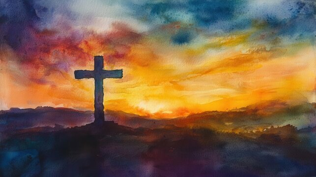 atmospheric religious art featuring abstract watercolor cross silhouette against dramatic sunset sky with divine light elements