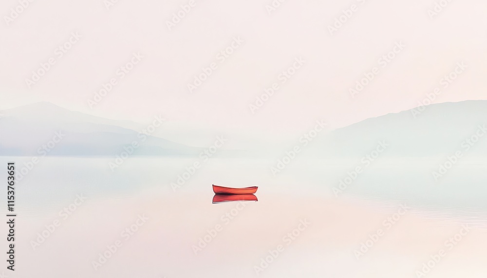 Poster serene red canoe on calm waters in a dreamy misty landscape with soft color gradients and gentle ref