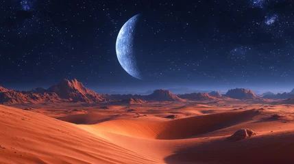Alien planet landscape at night with a crescent moon and starry sky.