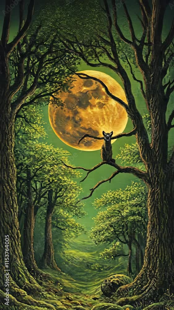 Poster mysterious nocturnal forest with a full moon illuminating a wise owl perched high in the trees at ni