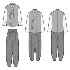 Technical flat sketch of Men's Hanbok. Traditional Korean attire. Crop jacket, pants, volume sleeves, ribbon straps. Cultural heritage of Korea. 