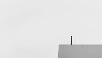 A solitary figure stands on a rooftop edge, silhouetted against a minimalistic overcast sky creating a sense of isolation and contemplation