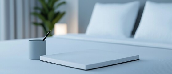 A white notebook sits on a bed with a pen next to it