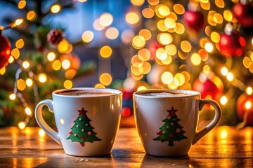 Fototapeta premium Christmas 2 coffee cups closeup Christmas lights