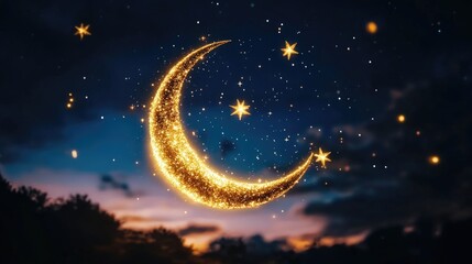 Naklejka premium Glowing crescent moon and stars in evening sky with sparkling effects