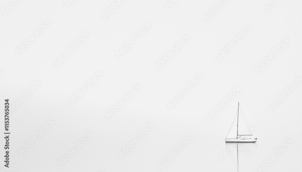 Poster serene minimalist sailboat on calm water in monochrome setting with expansive atmospheric background