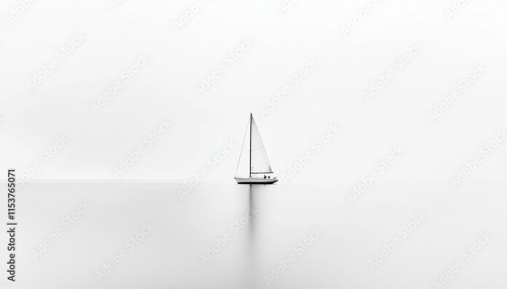 Poster serene sailboat on a tranquil ocean under soft gray skies with minimalistic composition and gentle r