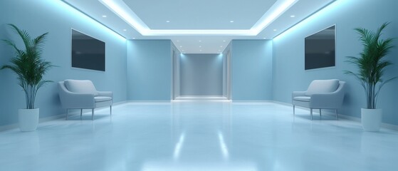 A large, empty room with a white wall and a blue ceiling