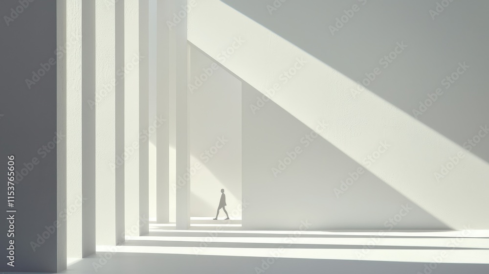 Poster minimalist architecture with strong light and shadows featuring a solitary figure walking in a moder