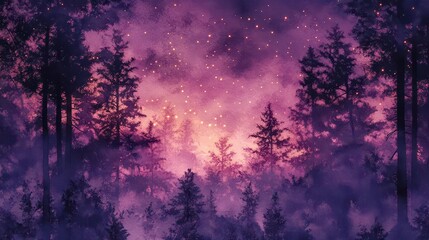 beautiful watercolor illustration of enchanted forest at twilight with magical glowing fireflies, purple misty atmosphere and ancient tree silhouettes