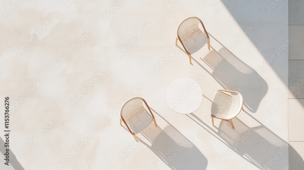 Poster minimalist outdoor space with two chairs and round table casting soft shadows on a light surface