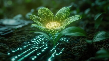 biomechanical plant art cybernetic flower growing through circuit board soil with digital energy flowing through bioluminescent veins