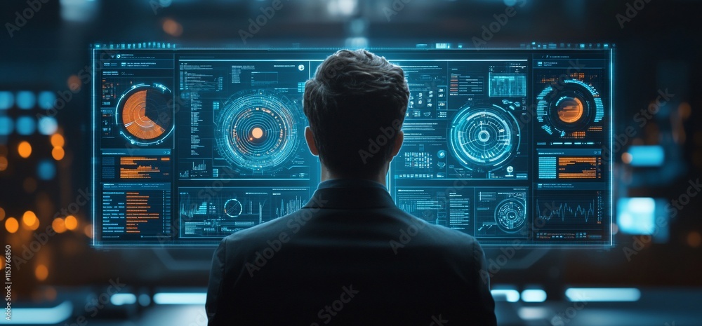 Poster a person observes a futuristic control panel filled with data and graphics.